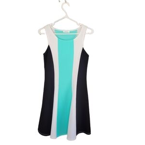 January 7 dress black/white/teal vertical color blocked